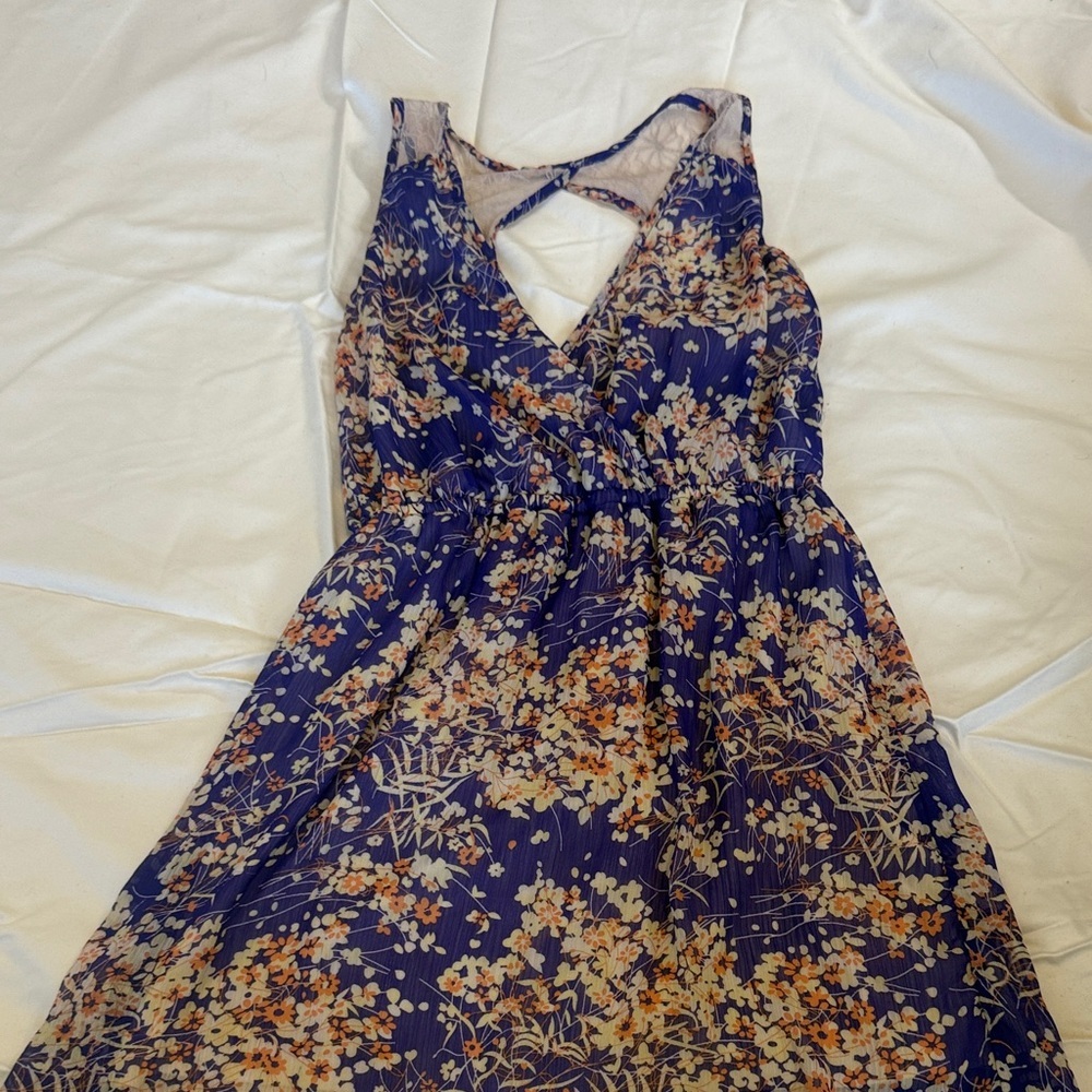 B Jewel Backless Floral Dress in Blue and Cream